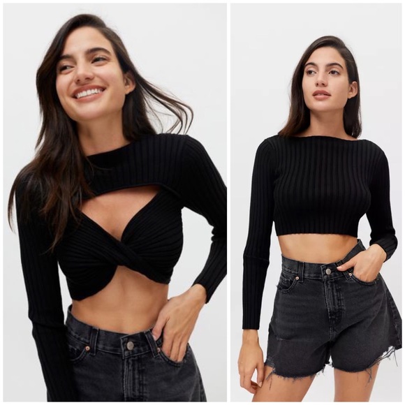 Urban Outfitters Sweaters - Black Reversible Cut Out Twist Front Back Cropped Ribbed Sweater Top